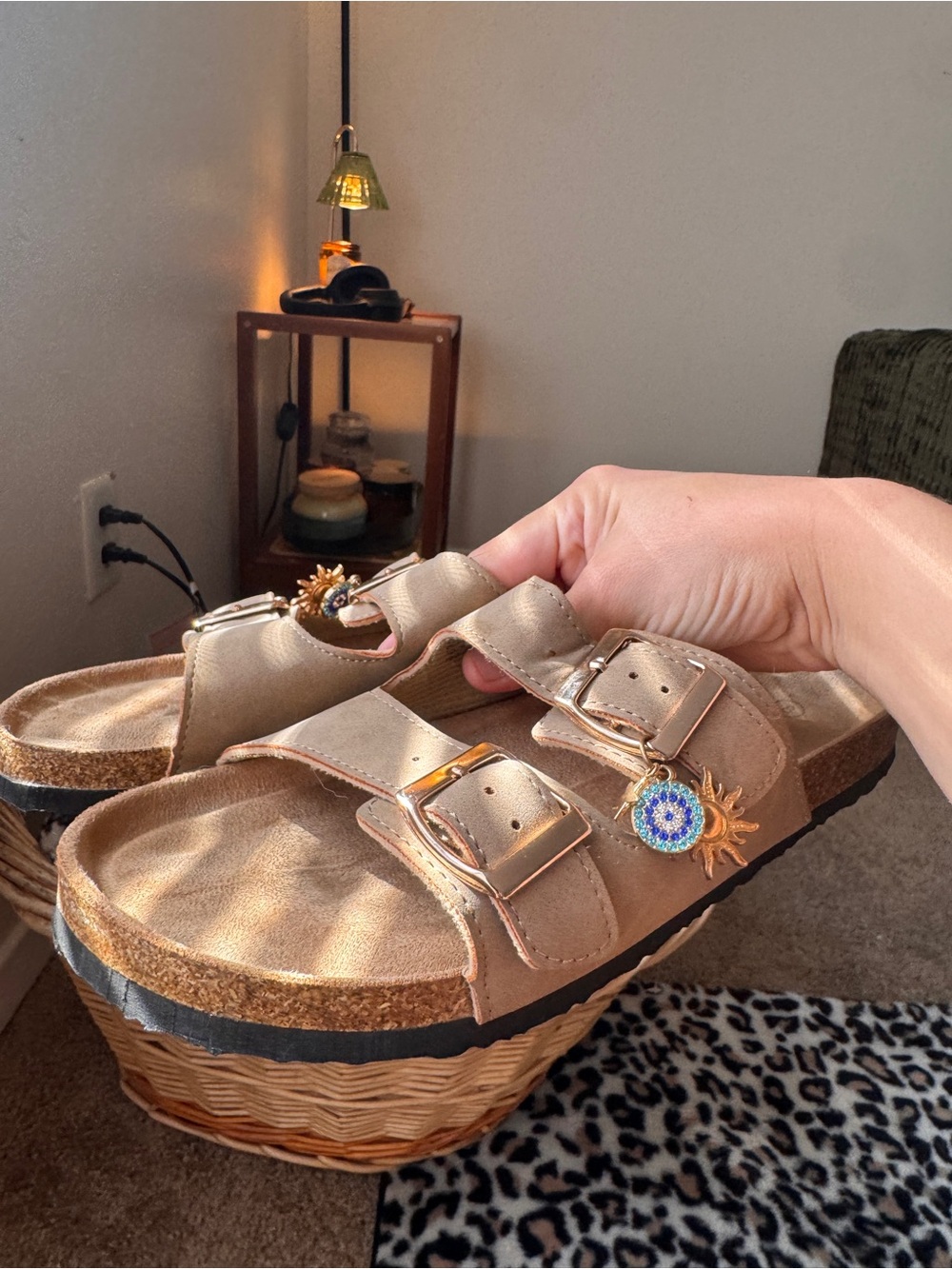 Neutral Tan Double-Buckle Birkenstock Esque Sandals with Sun Charm